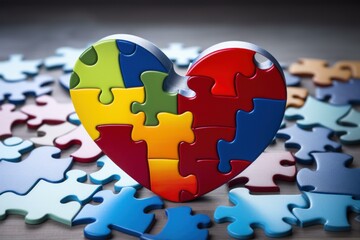 Vibrant, heart shaped puzzle stands assembled amidst a backdrop of scattered puzzle pieces, symbolizing love, unity, and the process of finding wholeness