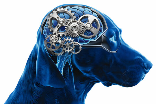 Blue dog profile with gears depicted in its brain