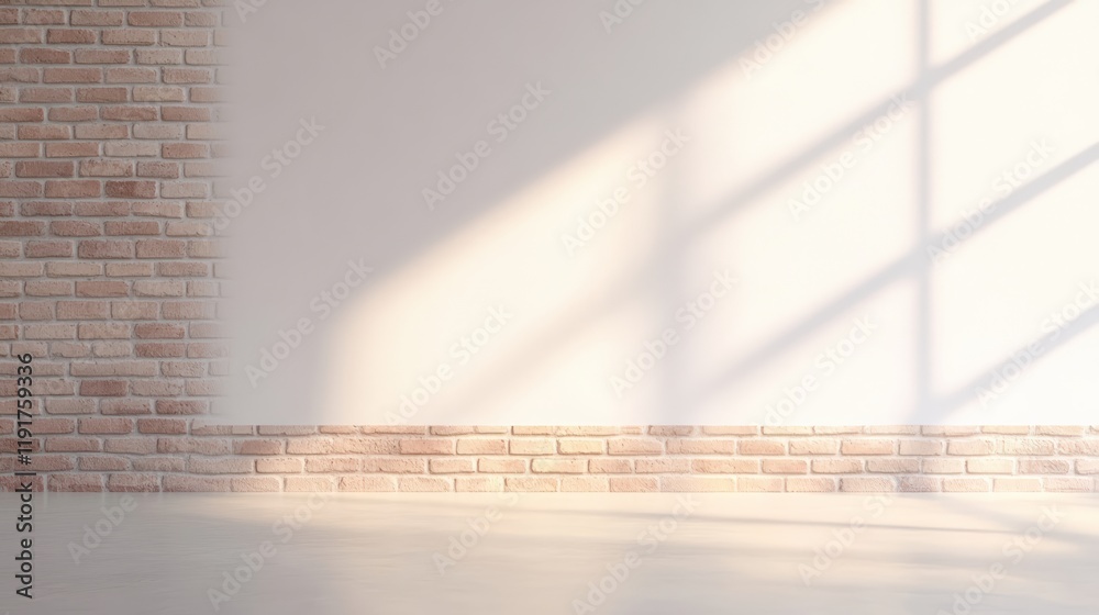 Poster Sunlight streaming through a window casts soft shadows on a blank wall in an empty room with a brick wall and wooden floor, creating a serene, inviting atmosphere