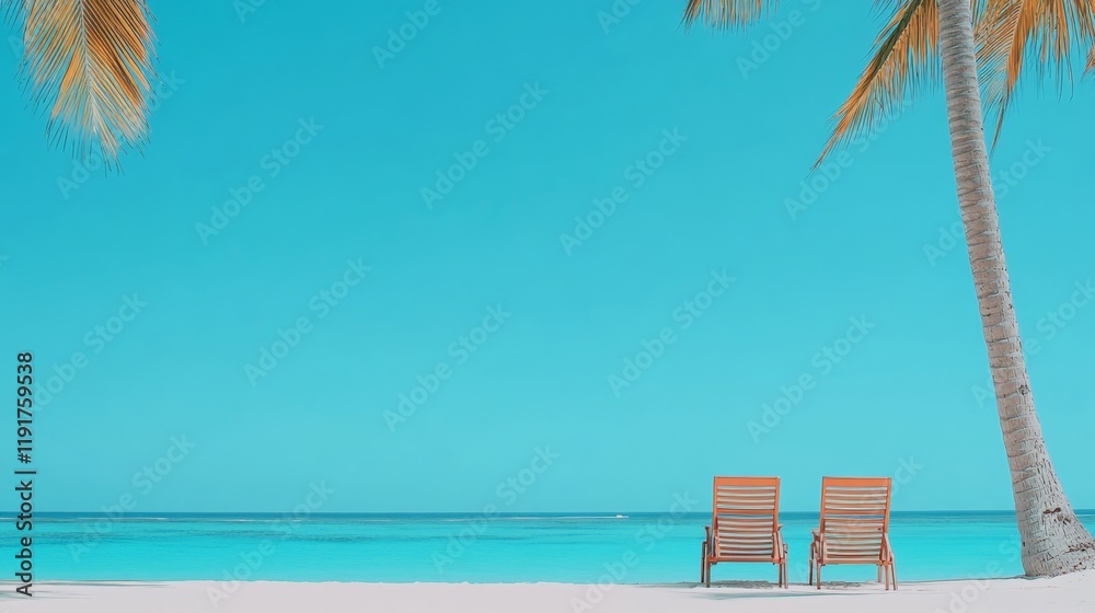 Poster two empty sunbeds stand on a pristine white sandy beach, inviting tourists to unwind and soak up the