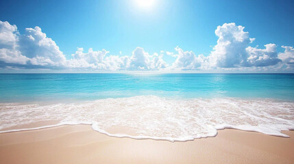Pristine sand beach and clear blue sea under the sun with blurred background evoking summer vacation mood serene tranquility and relaxation perfect for banner or caption space in bright tones

