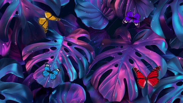 tropical leaves with violet and blue neon light seamless looping overlay 4k virtual video animation background
