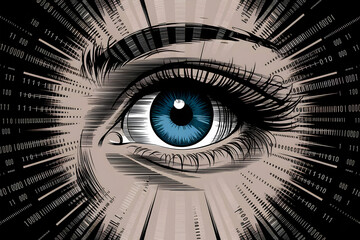 Human eye surrounded by glowing digital patterns and colorful binary numbers