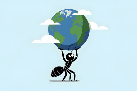 Stylized ant lifting Earth, symbolizing strength against a clean white background