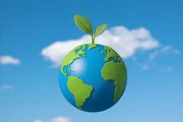 Earth with green plant sprouting, symbolizing renewal, against bright blue sky