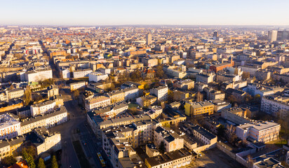 Fototapeta premium View from drone of contemporary townscape of Lodz, third largest city in Poland and former industrial centre on sunny spring day