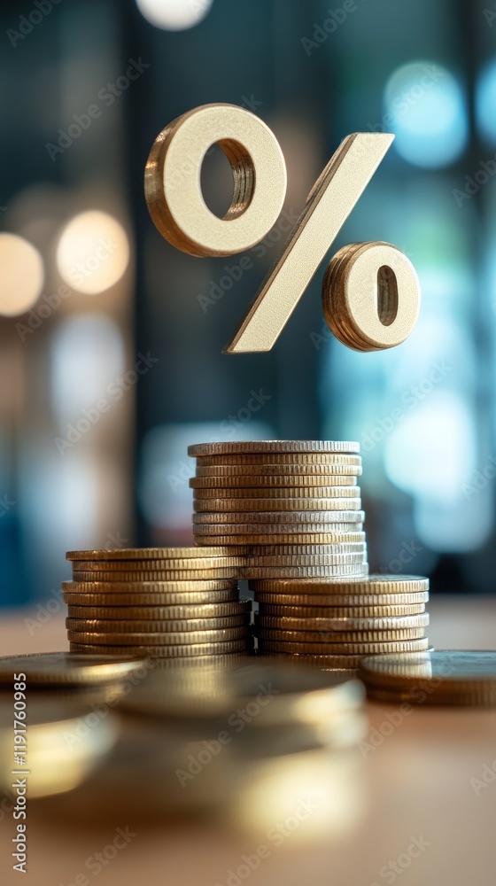 Poster stacks of coins rising in height with a golden percentage symbol hovering above, representing increa
