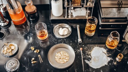 Gold jewelry production setup with tools, melted gold, and semi-finished items.