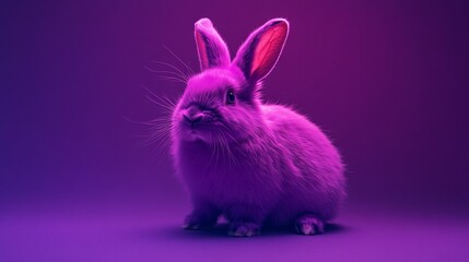 Obraz premium A colorful and realistic portrayal of a fluffy purple rabbit, featuring a neutral abstract background that enhances its appearance.