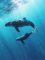 Obraz premium Mother whale swims with calf in clear blue ocean waters during a calm afternoon. Generative AI