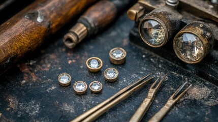 Tools of the trade a loupe, tweezers, and gemstones placed neatly on a work surface.