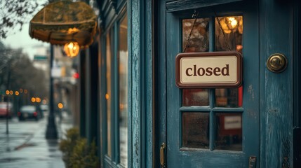 A "closed" sign hangs on a teal door of a quaint shop on a rainy day.