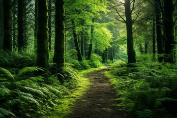 Obraz premium Scenic pathway leading through a vibrant woodland environment, showcasing the beauty of nature during springtime