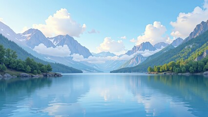 Fototapeta premium Calm waters mirror azure skies and fluffy clouds before majestic mountains, creating a serene outdoor panorama bathed in natural beauty