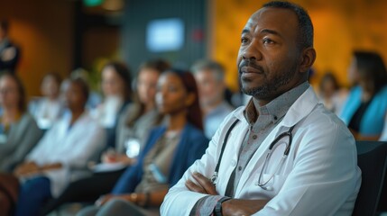 A professional medical seminar with a focus on continuing education and collaboration, featuring a diverse group of healthcare practitioners in a modern conference setting