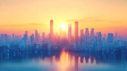 Skyscrapers of a futuristic financial district at sunset with modern shiny facades sleek architecture reflections dramatic lighting blurred background perfect for business brochure templates

