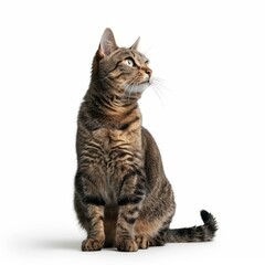 Obraz premium Studio shot of adorable tabby cat sitting and looking up curiously against white background