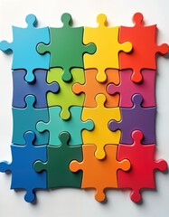 Obraz premium Colorful puzzle pieces form perfect whole on white background. Vivid colors symbolize successful problem-solving project completion. Teamwork, collaboration essential elements for success. Complete