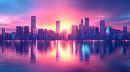 Skyscrapers of a futuristic financial district at sunset with modern shiny facades sleek architecture reflections dramatic lighting blurred background perfect for business brochure templates

