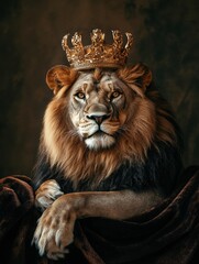 Fototapeta premium Regal lion portrait adorned with a golden crown showcasing majesty and strength in a royal setting. Generative AI