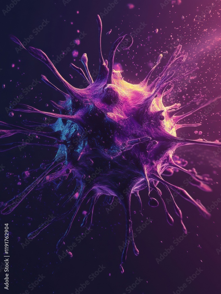 Aufkleber Graphical representation of a minimalistic virus in vibrant colors showcasing its structure against a dark background. Generative AI