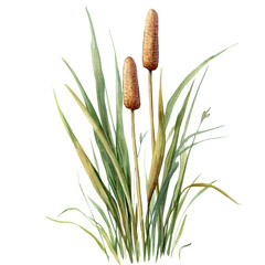 A watercolor vector of a cattail, isolated on a white background. Cattail vector.
