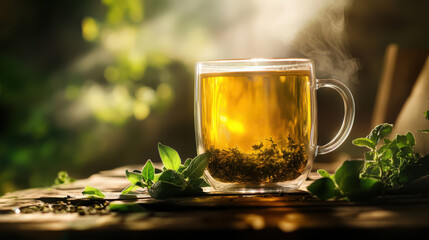A mug of tea with a green leaf on top of it