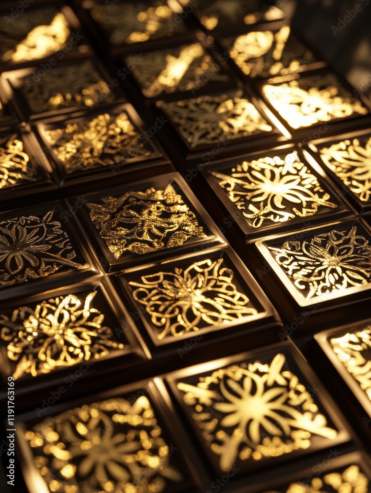 Poster decadent chocolate bar adorned with arabesque patterns and golden accents showcasing luxurious pista