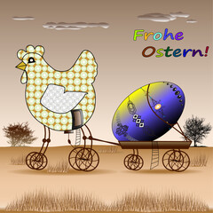 The hen transports an Easter egg on a cart.