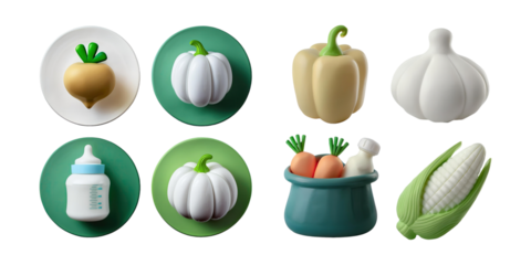 Colorful Cartoon Vegetables and Baby Bottle Graphic Design, PNG collection, set bundle, isolate on transparent or white background