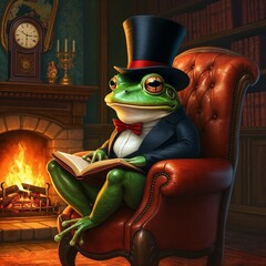 Sophisticated Frog in a Top Hat Reading by the Fireplace in a Cozy Library