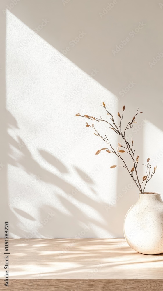 Poster sunlight streaming through a window highlights a dried autumn branch in a white ceramic vase on a li