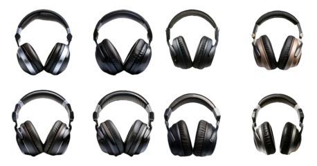 High-quality headphones in various angles isolated on transparent background