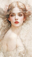 Delicate Watercolor Portrait of a Woman with Flowing Hair and Floral Accents