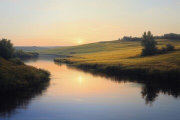 Obraz premium Serene Landscape of a River at Sunrise Reflecting Rolling Hills