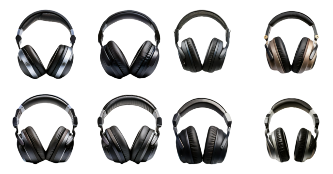 High-quality headphones in various angles isolated on transparent background
