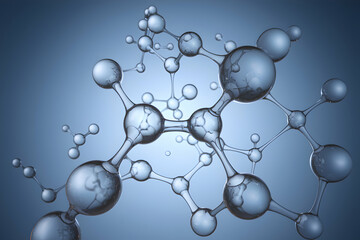 Transparent molecules connect, creating a 3D molecular network on a blue gradient