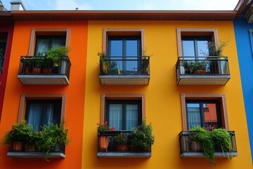 Fototapeta premium Colorful Urban Facade Showcasing Vibrant Orange and Yellow Painted Walls with Small Balconies Adorned with Green Potted Plants Under a Clear Blue Sky