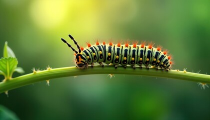 Colorful crawls along vibrant green stem. Macro photo of insect in nature. Larva moves on plant stem in garden. Vivid colors of. Closeup view shows details of animal. Nature background blurred.
