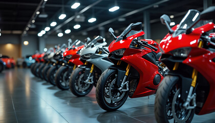 Sport bikes in showroom. Motorcycles lined up. Modern bikes. Red and gray sport bikes. Vehicle display. Variety of models. Possible purchase. Sale. Car showroom. Bikes available for sale.