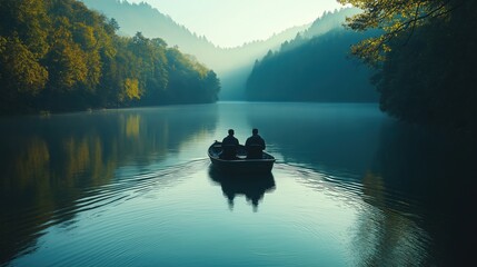 Silhouettes of Two People in a Fishing Boat on a Calm Lake at Sunset