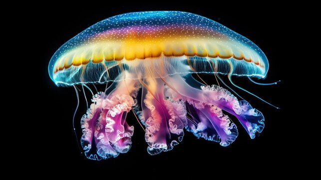 Vibrant jellyfish with iridescent bell and purple tentacles against black background.