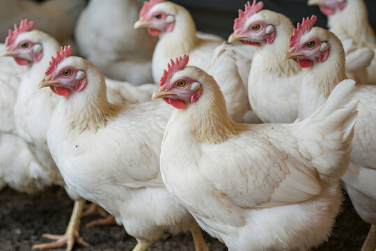 White chickens with red combs stand together peacefully in a farm setting