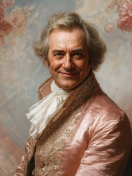 Smiling Gentleman in Elegant 18th Century Attire with Ornate Pink Jacket
