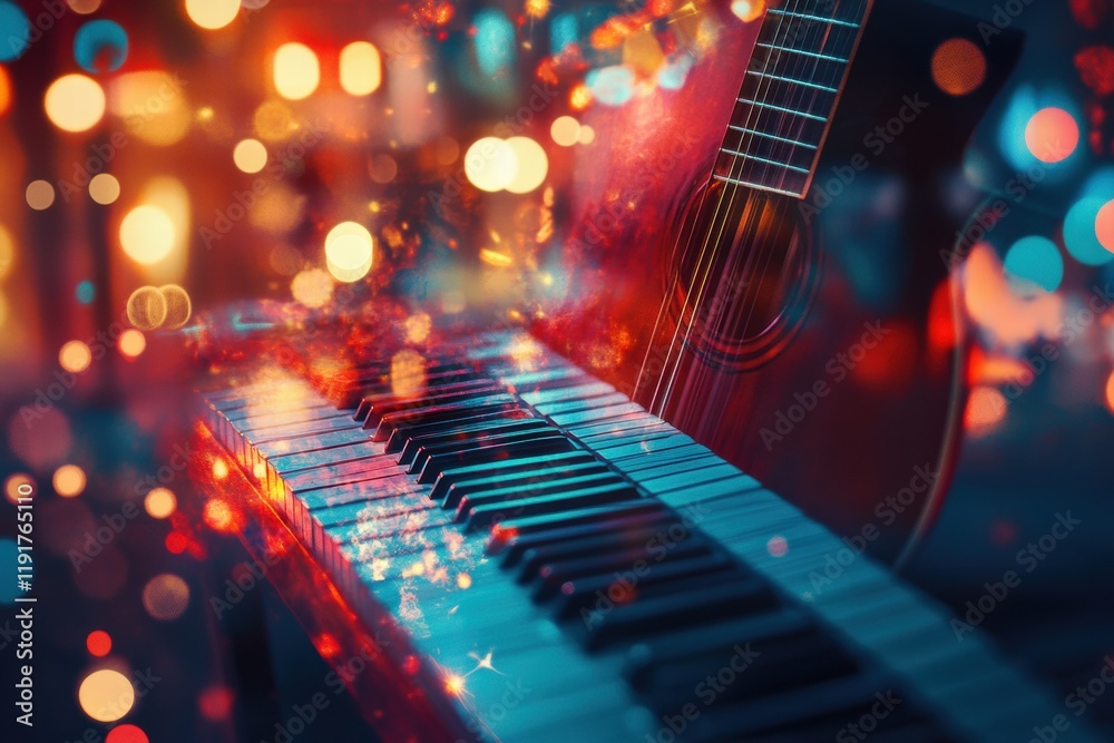 Poster musical instruments create a vibrant atmosphere with guitars, pianos, and scattered notes in a livel