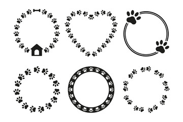 Set of simple round frames with dog paw silhouettes for pet lover. Circle animal paws vector design with copy space for text. Vector decorative elements