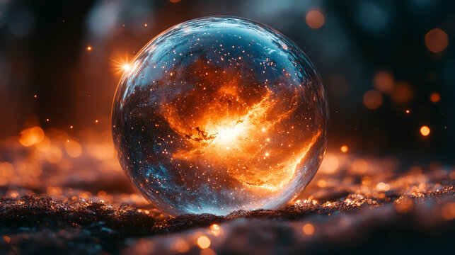 A mesmerizing glass ball encapsulates the essence of the Universe surrounded by blurred bright tones with cosmic energy swirling evoking mystery infinity creation and the interconnectedness of all

