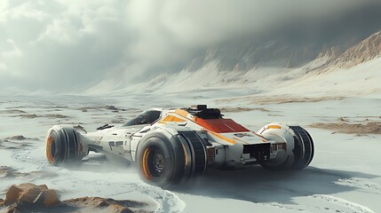 Futuristic racer drifts snowy mountain landscape