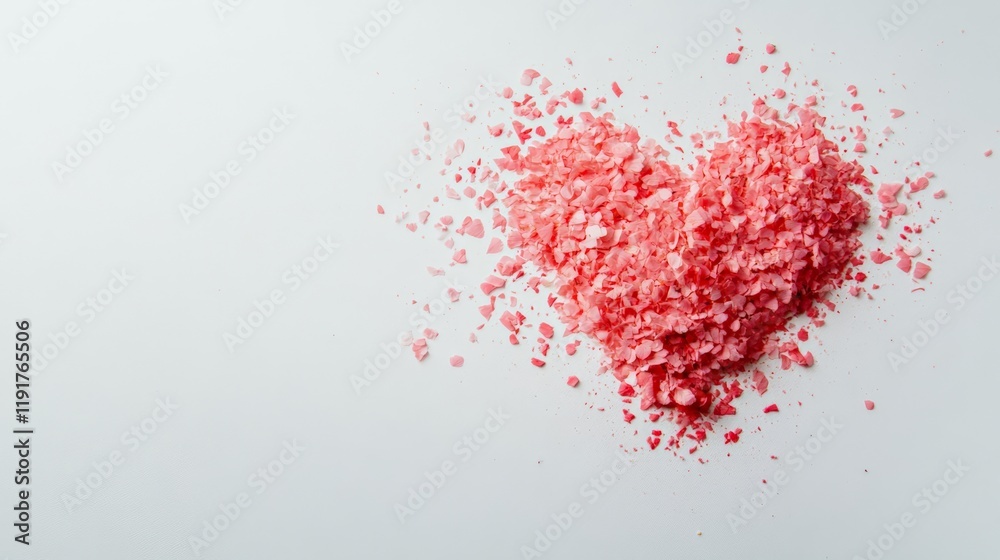 Poster Pink crystals arranged in a heart shape on a white background creating a romantic atmosphere, perfect for valentine's day, mother's day, or spring themed projects