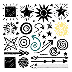 A collection of doodle stars and arrows and other supporting elements manually drawn on a white background